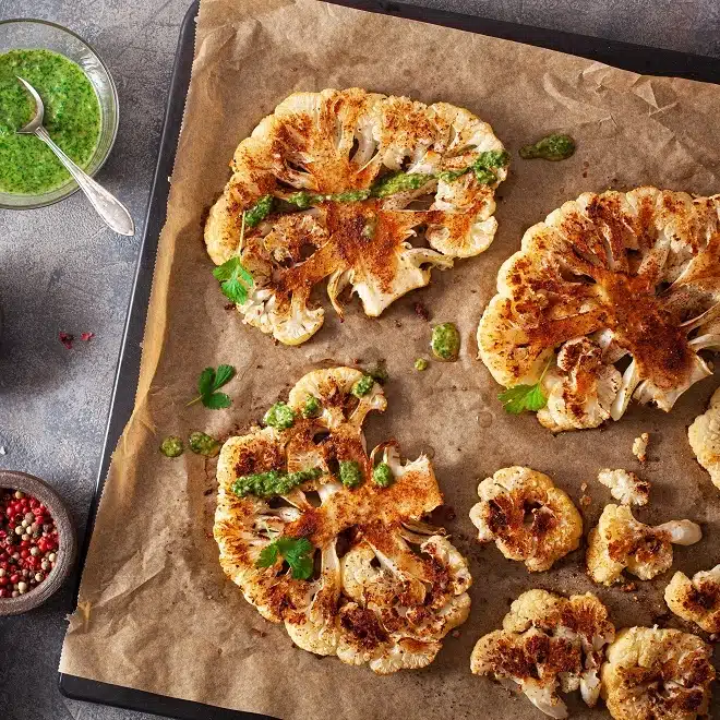 Chou-fleur entier rôti au four, doré et parfumé