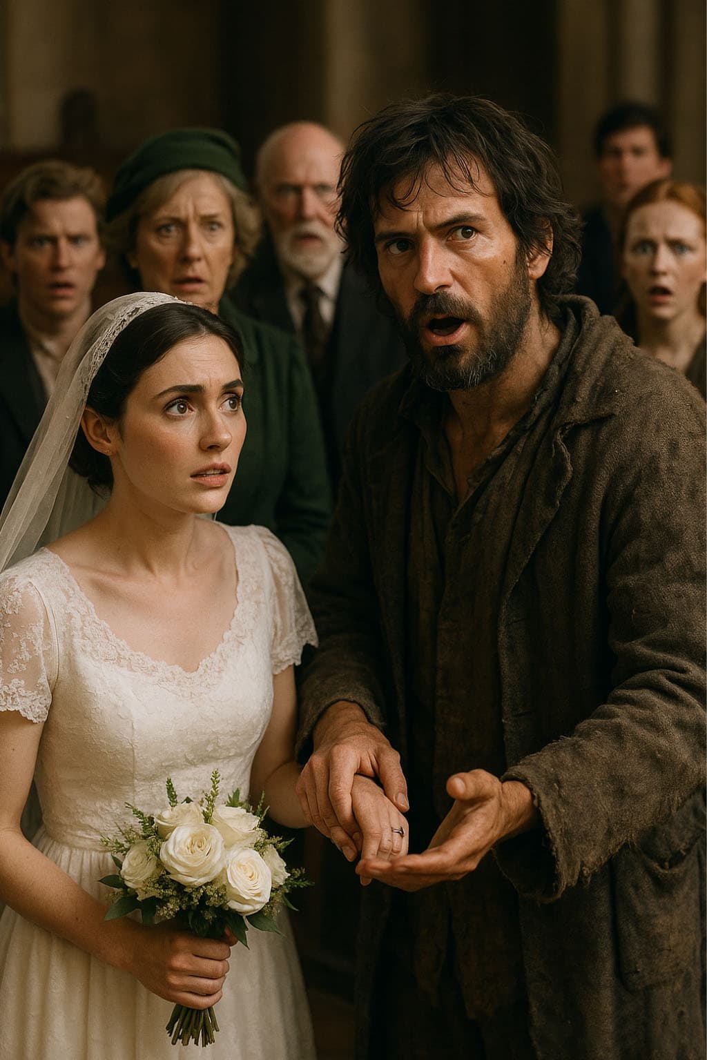 Une jeune femme en robe de mari&eacute;e, le regard triste, dans une &eacute;glise