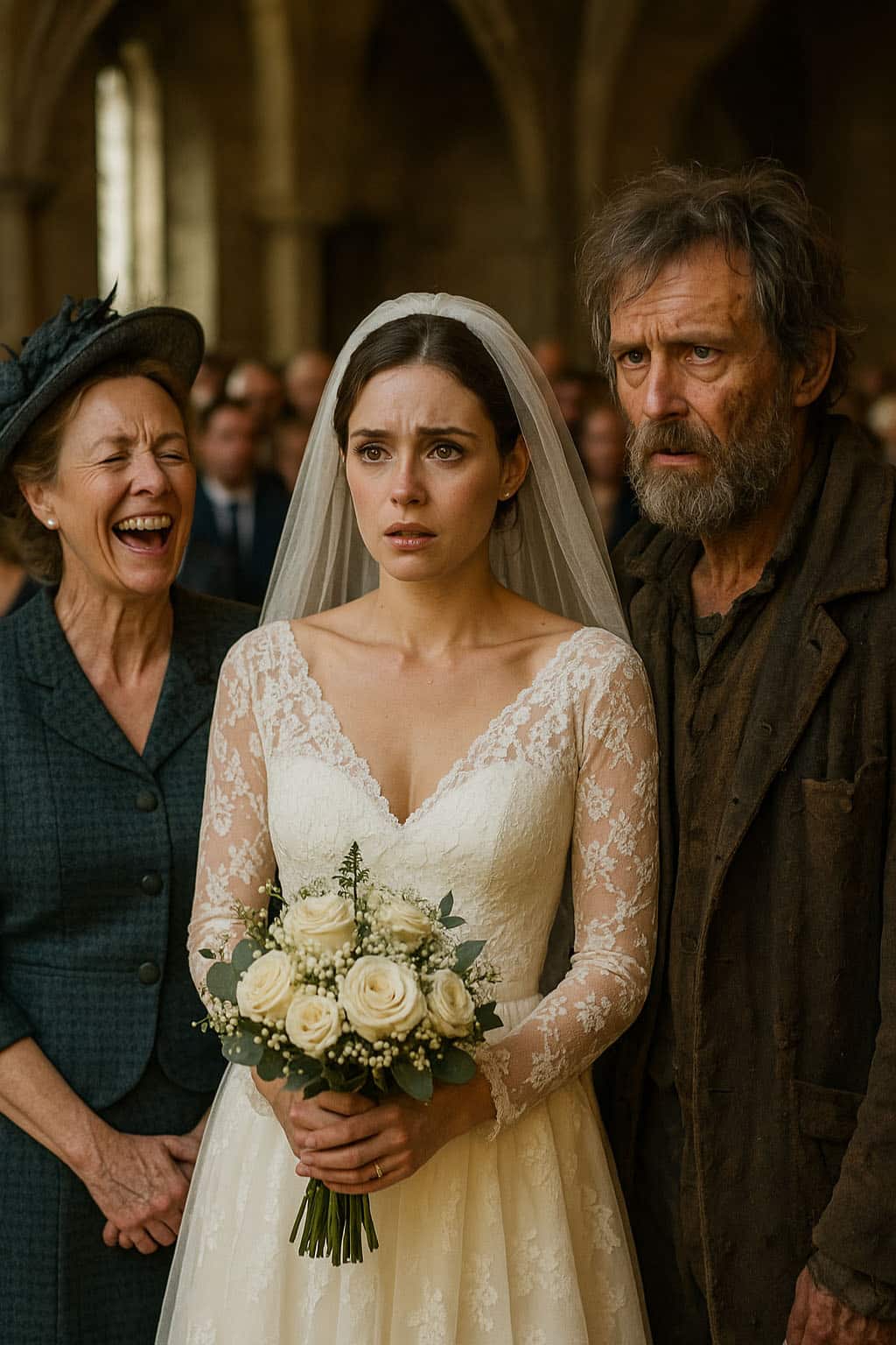 L'homme, en haillons, se tient droit &agrave; l'autel face &agrave; l'assembl&eacute;e stup&eacute;faite