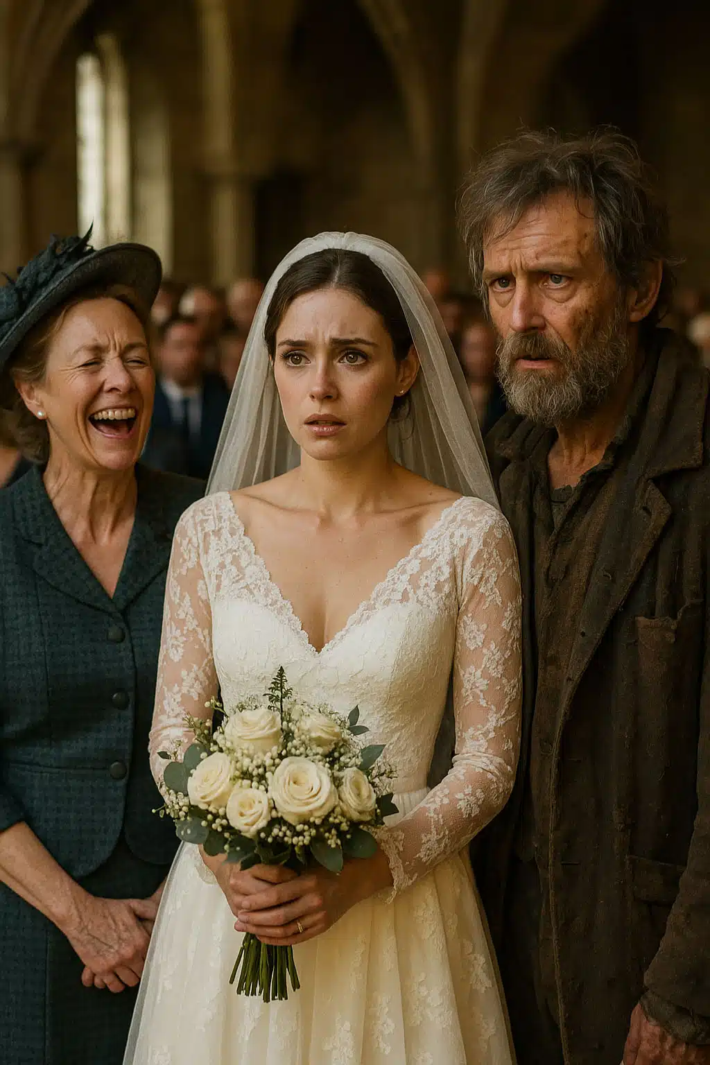 L'homme, en haillons, se tient droit à l'autel face à l'assemblée stupéfaite