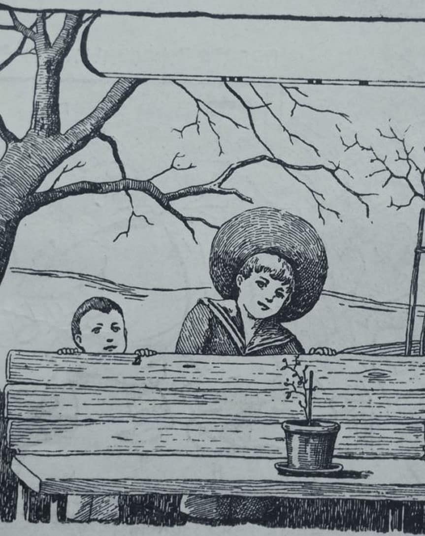 Illustration d'une illusion d'optique hivernale avec deux enfants sur un banc