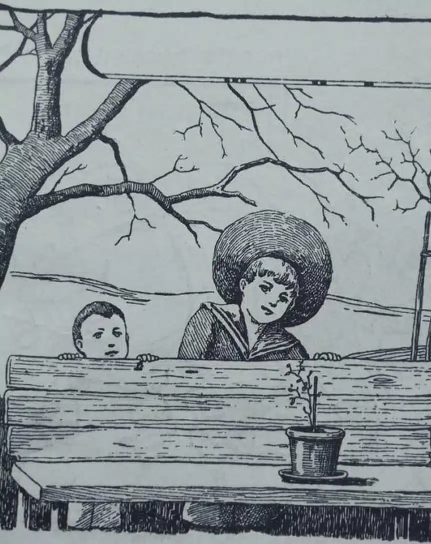 Illustration d'une illusion d'optique hivernale avec deux enfants sur un banc