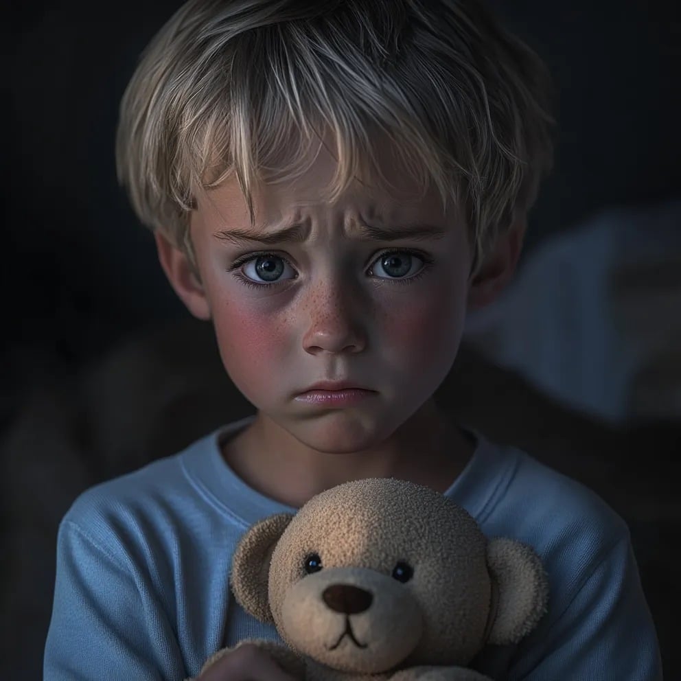 Enfant serrant un ours en peluche