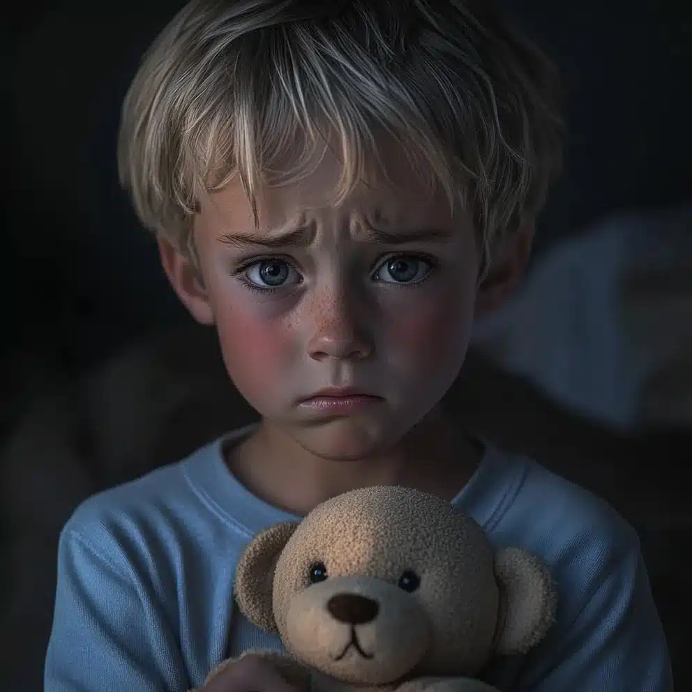 Enfant serrant un ours en peluche