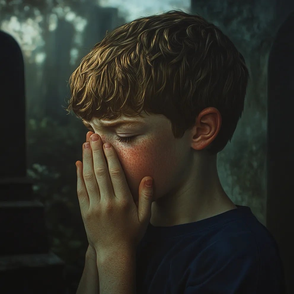 Jeune homme en larmes devant une tombe