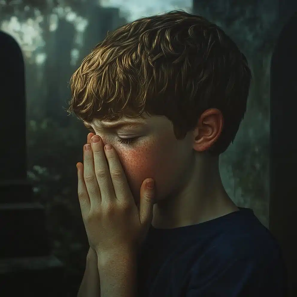 Jeune homme en larmes devant une tombe