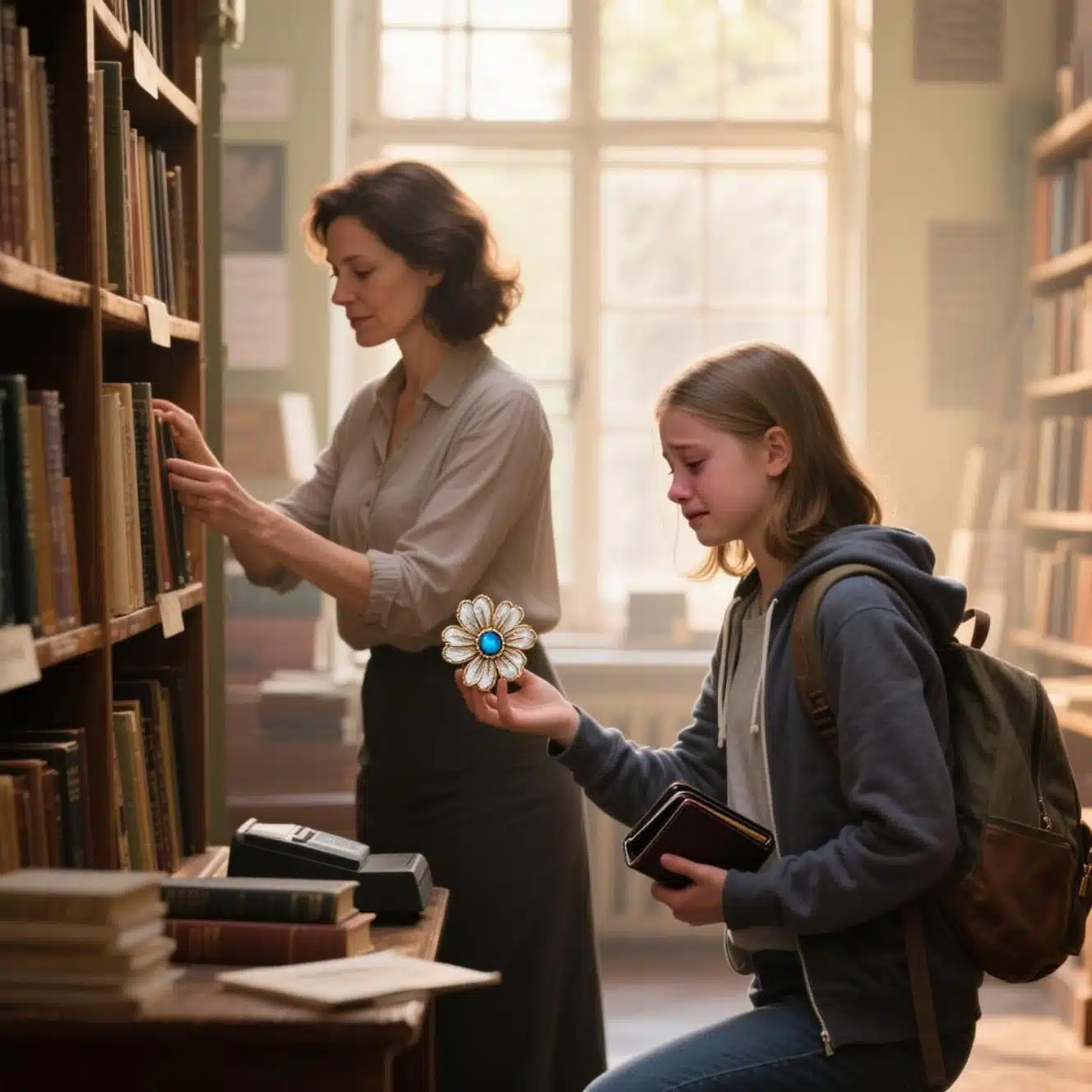 Gros plan sur une main tenant une broche ancienne en forme de fleur avec une pierre bleue