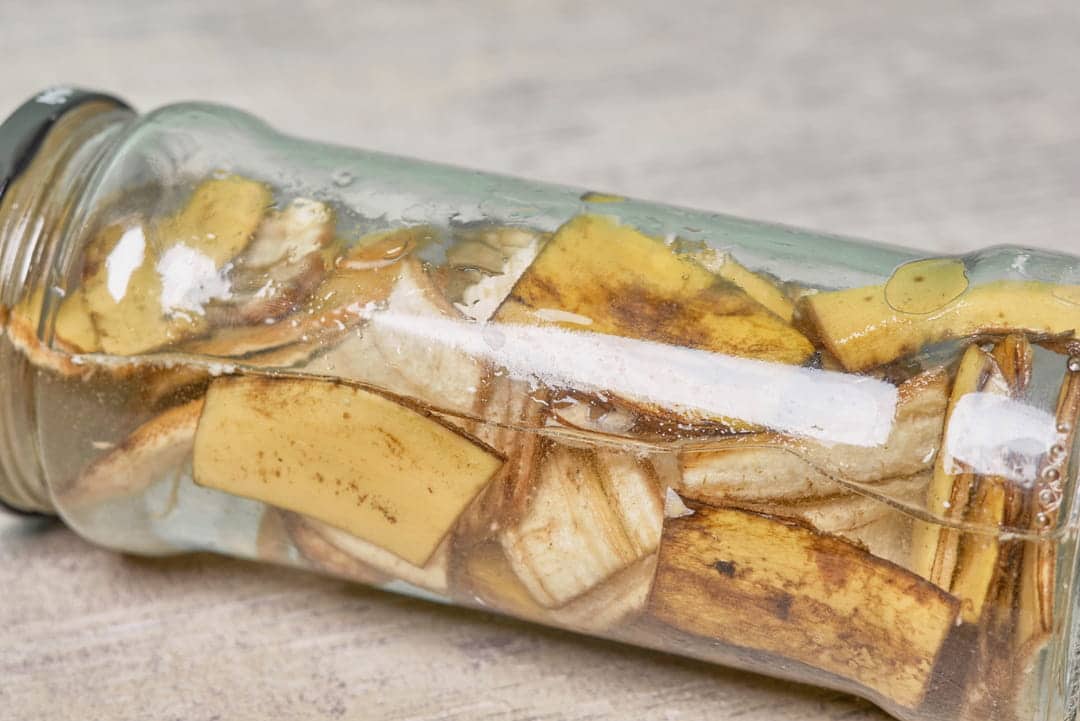 Pr&eacute;paration du liquide dans un bocal en verre avec des pelures