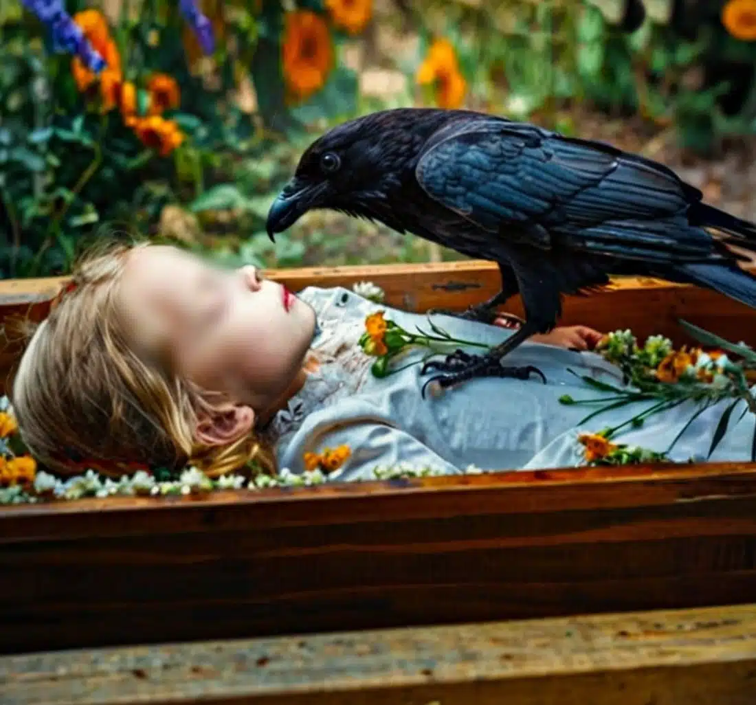 Corbeau noir perché sur un cercueil
