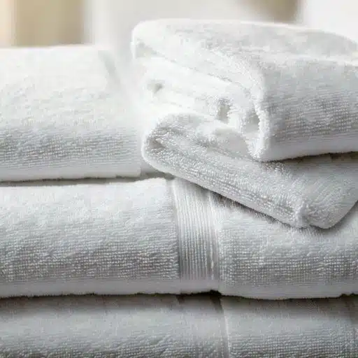 Gouttes d'eau absorbées par le tissu texturé d'une serviette