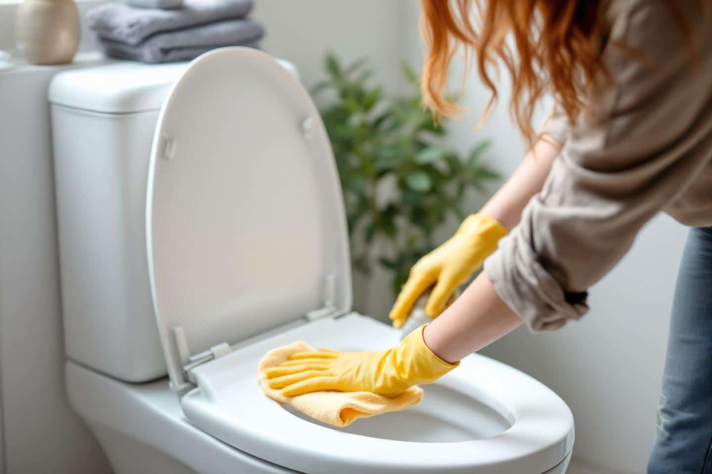 Éponge et produit de nettoyage sur un abattant de toilettes blanc