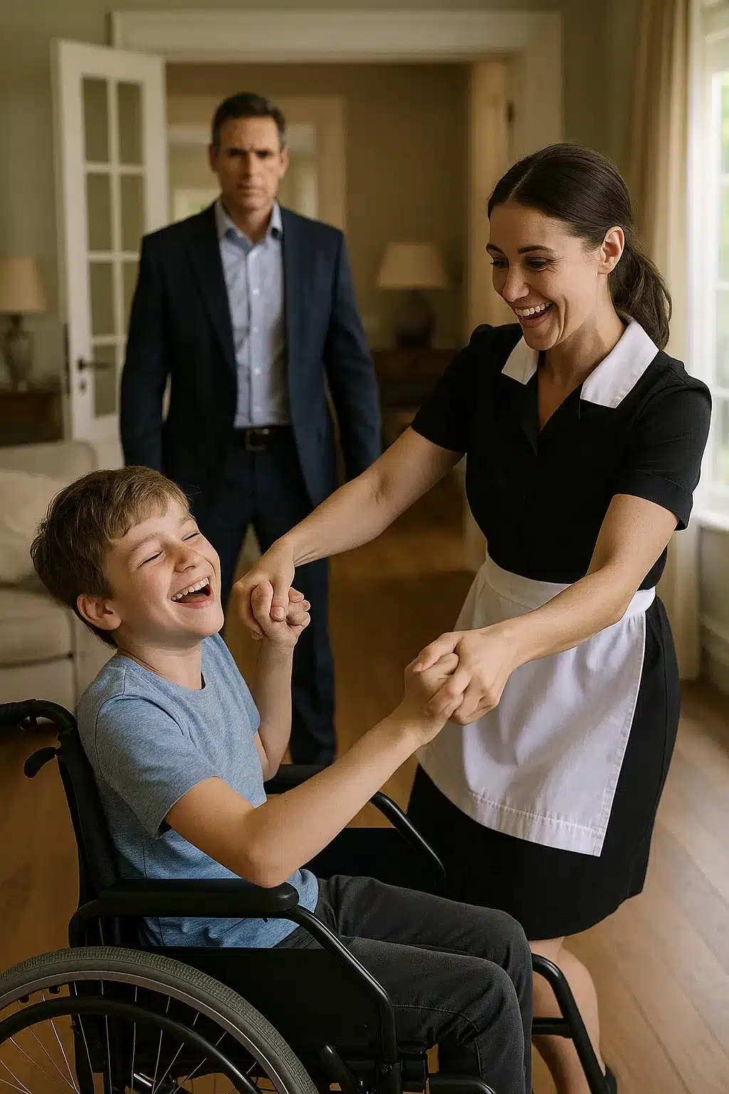 Sonia, employée de maison, danse doucement avec Léo, un jeune garçon paralysé