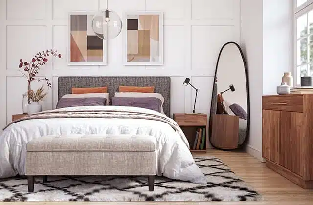Chambre contemporaine avec meubles en matériaux synthétiques