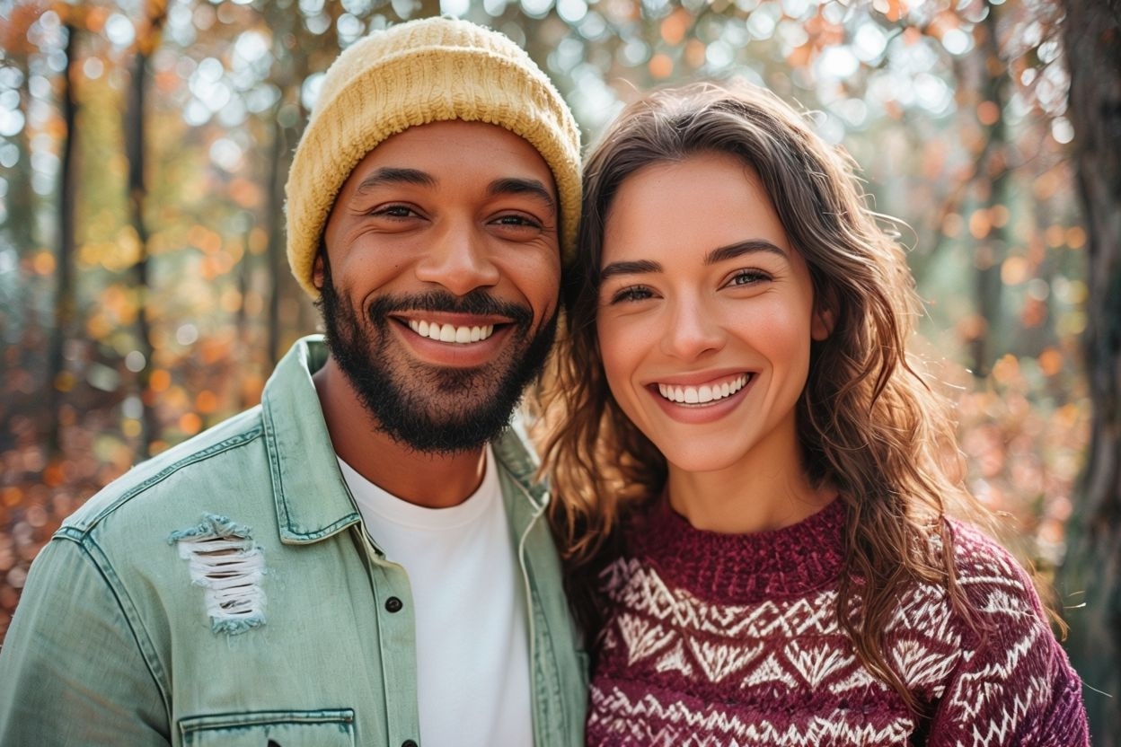 Couple heureux marchant main dans la main dans la nature