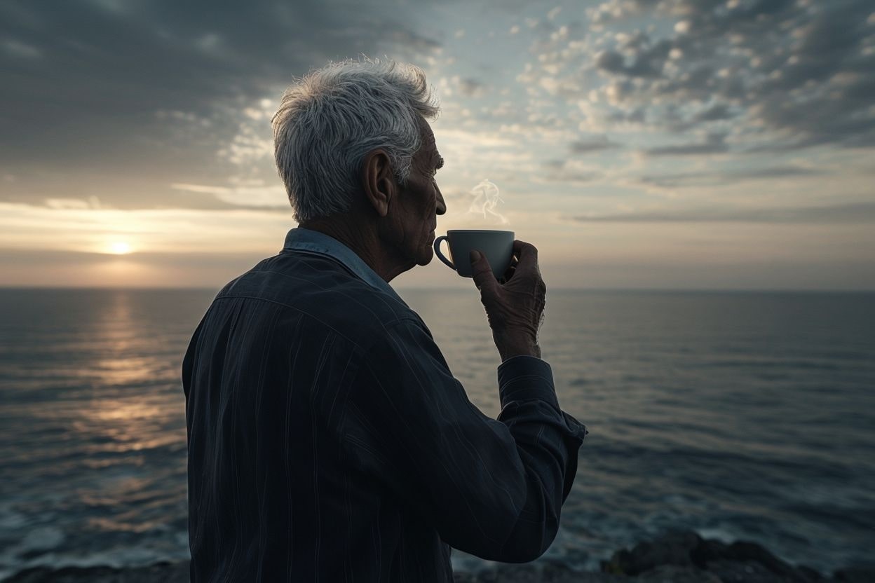 Homme d'âge mûr contemplant l'océan au coucher du soleil