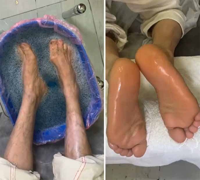 La femme sans abri Rita fait une manucure et pédicure