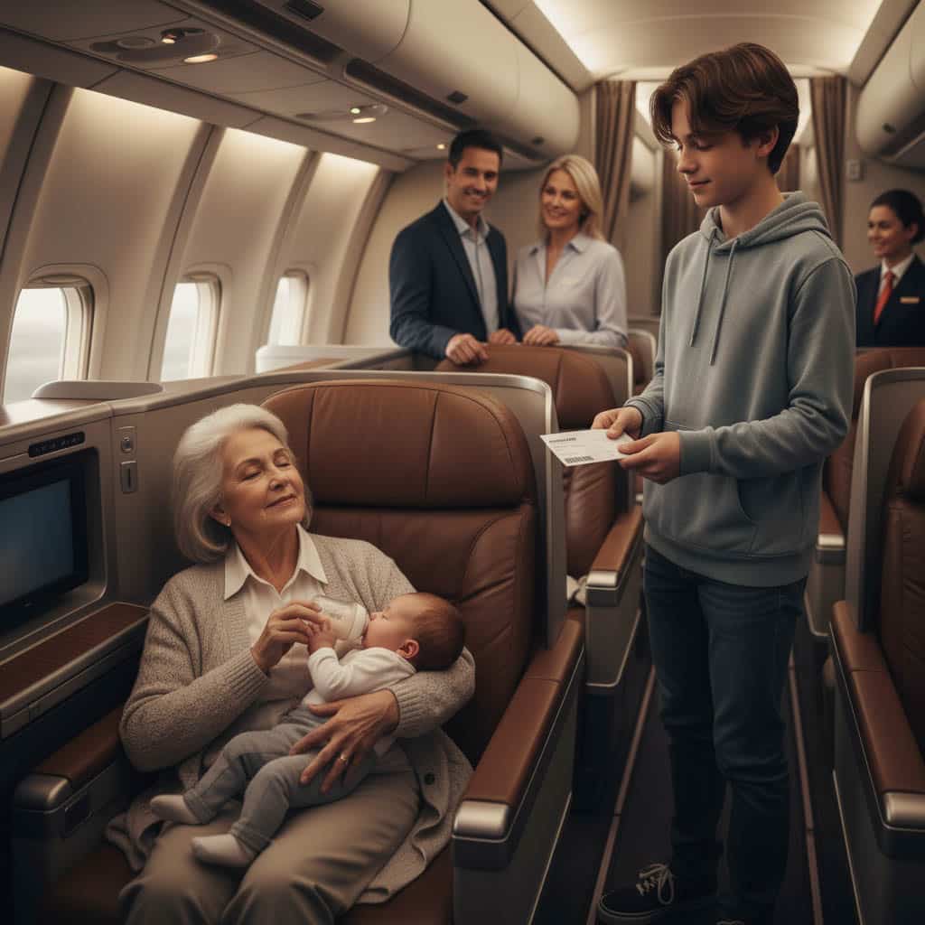 Jeune homme offrant son si&egrave;ge dans l'avion