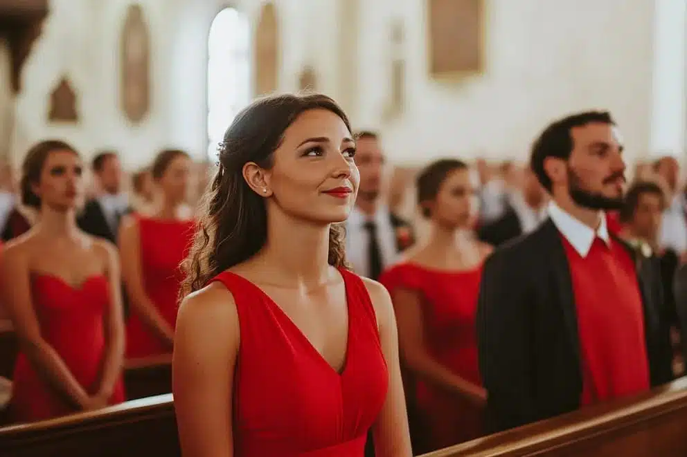 Scène de mariage avec tenues rouges inattendues