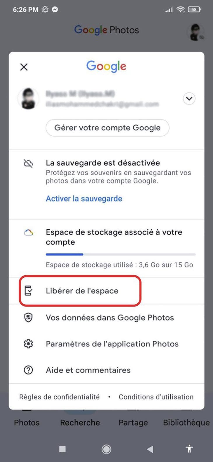 Onglet « libérer espace » sur google
