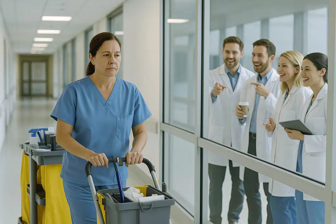 Couloir d'hôpital avec une femme de ménage poussant son chariot