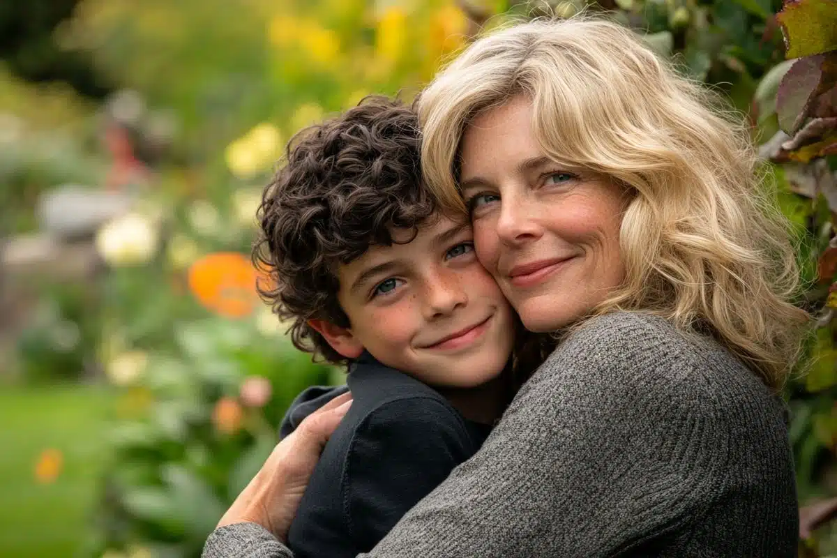 Léo, plus âgé, jouant sereinement dans un parc, sous le regard bienveillant de sa mère.