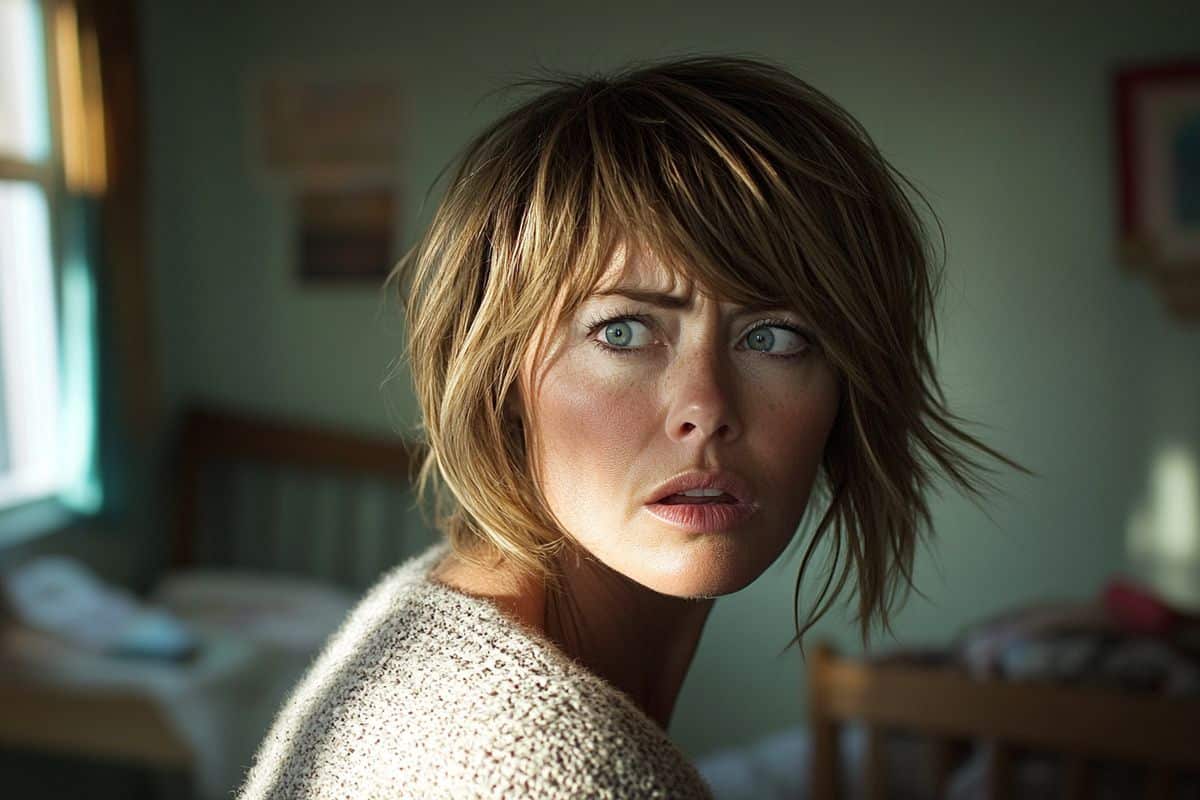 Silhouette d'un homme de dos, visiblement en état de choc, sortant précipitamment d'une salle de bain.