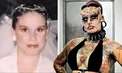 Maria José Cristerna avec ses implants frontaux et tatouages visibles
