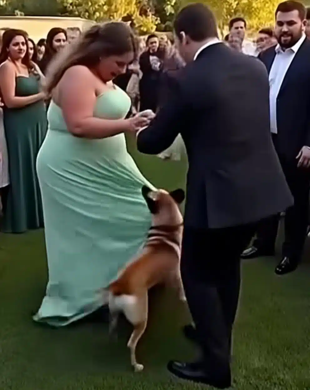 Chien reniflant la robe de mariée