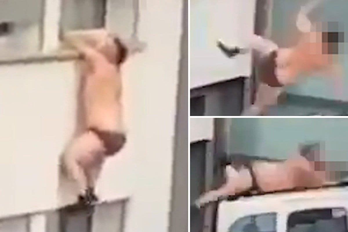 Un homme &agrave; moiti&eacute; nu tombe s&rsquo;accroche &agrave; la fen&ecirc;tre