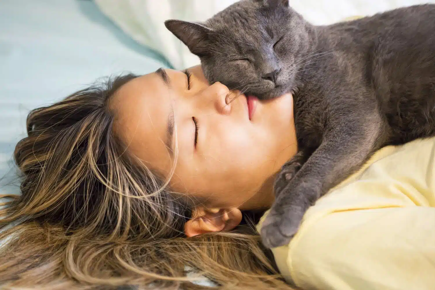 Jeune fille câlinant son chat gris