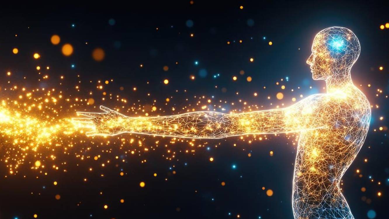 Repr&eacute;sentation artistique d'un corps humain avec des particules de lumi&egrave;re s'&eacute;chappant de la silhouette