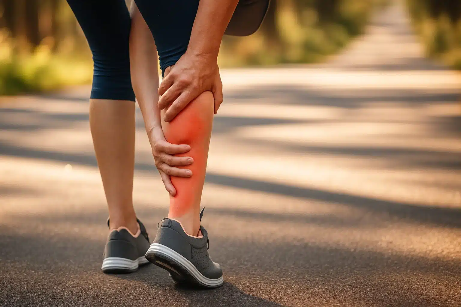 Personne massant sa jambe pour soulager une crampe musculaire