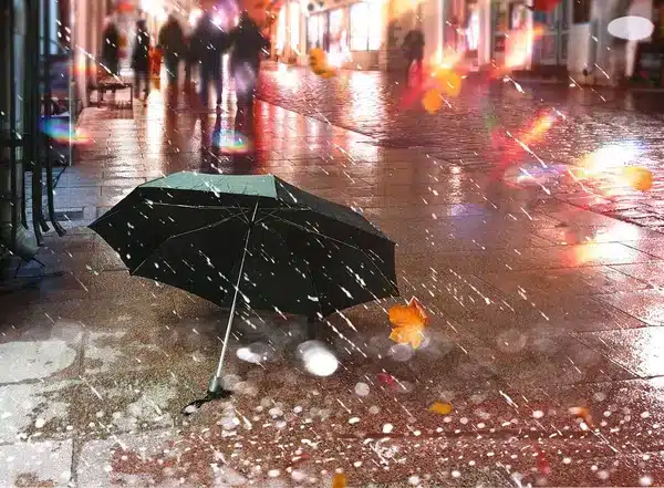 Rue pavée sous la pluie en automne