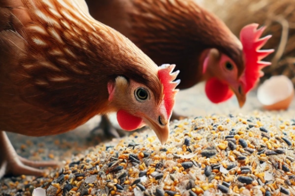 Poules picorant des coquilles d'œufs