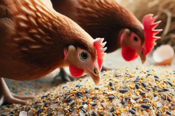 Poules picorant des coquilles d'œufs