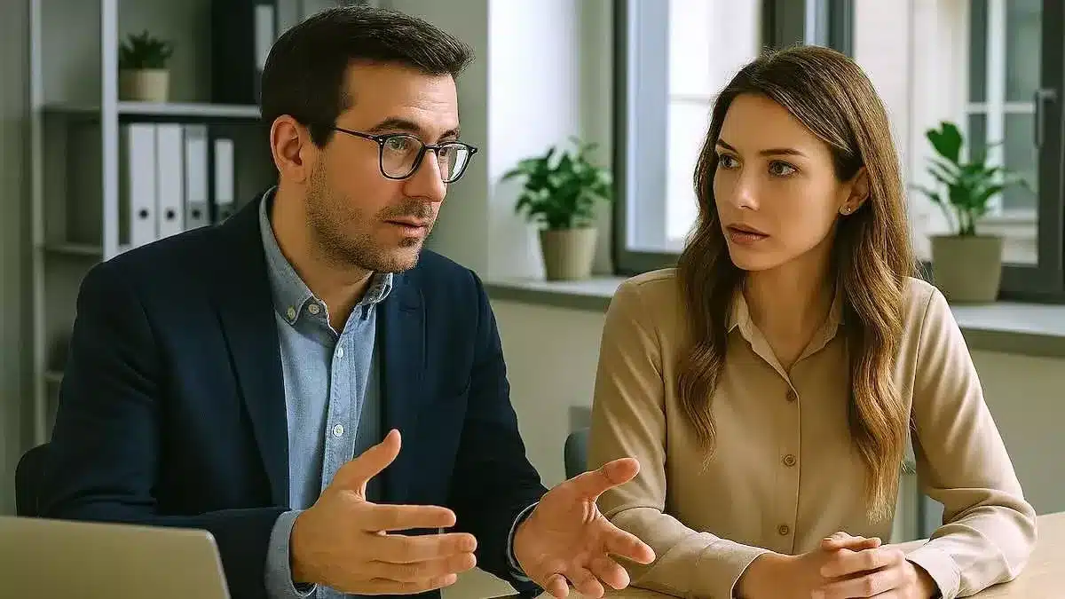 Deux femmes discutant s&eacute;rieusement dans un cadre professionnel