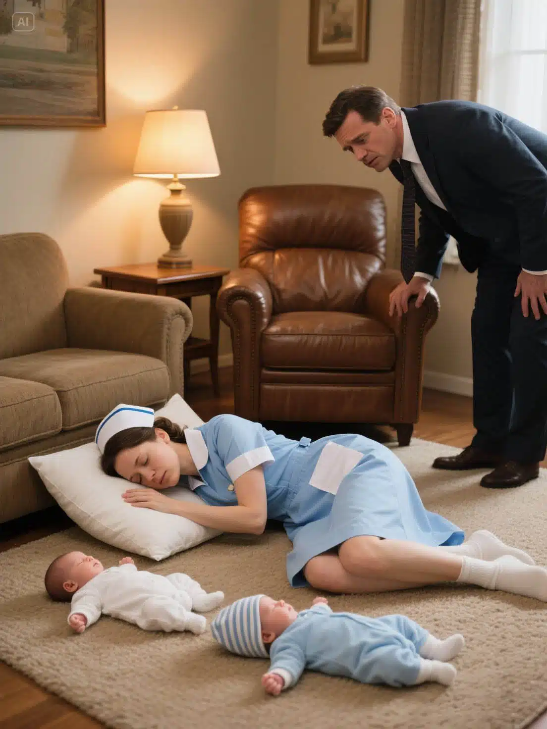 Femme dormant sur un canapé avec deux bébés blottis contre elle