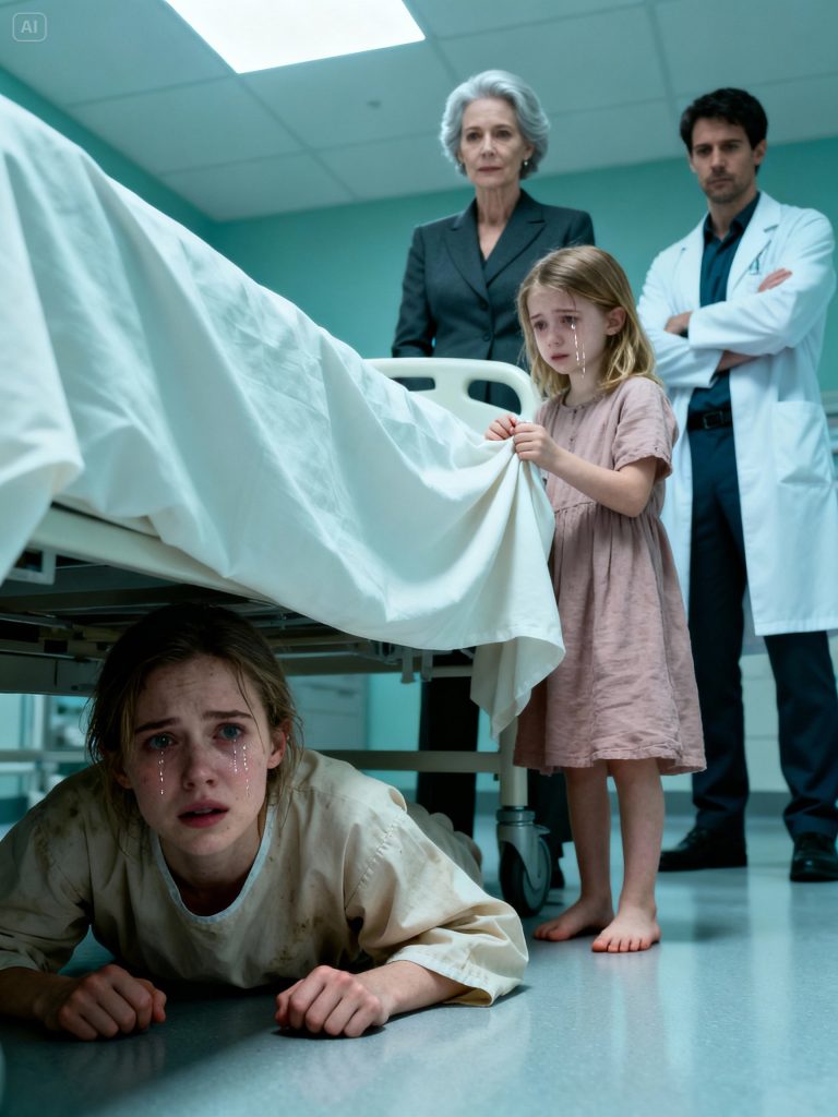 Une femme allong&eacute;e dans un lit d'h&ocirc;pital, le regard perdu et inquiet, repensant aux &eacute;v&eacute;nements.