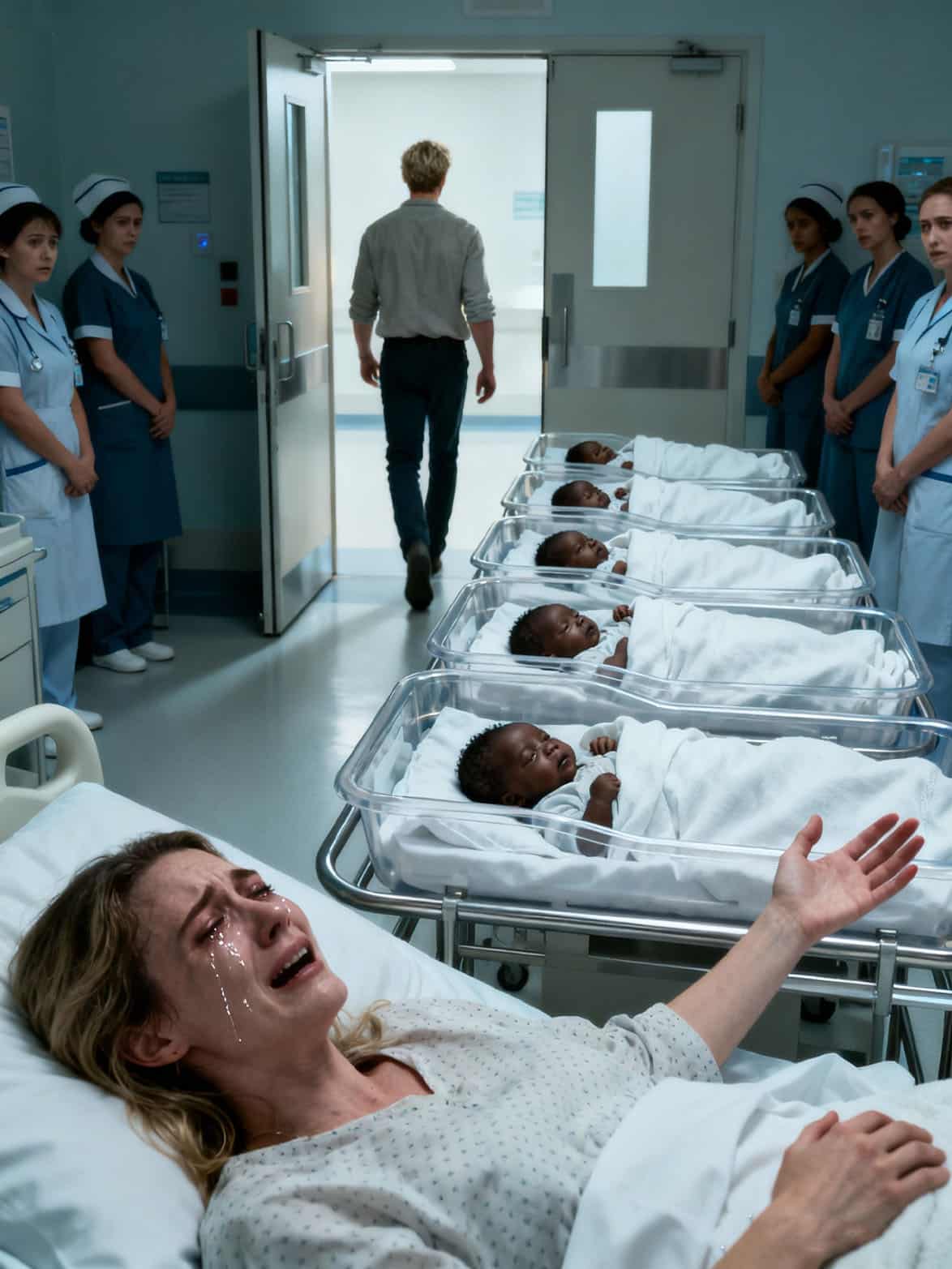 Une jeune femme &eacute;puis&eacute;e et &eacute;mue regarde ses quintupl&eacute;s nouveau-n&eacute;s dans un service de maternit&eacute;