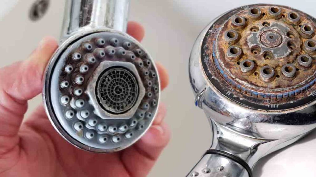 Détails de robinetterie entartrée dans une douche