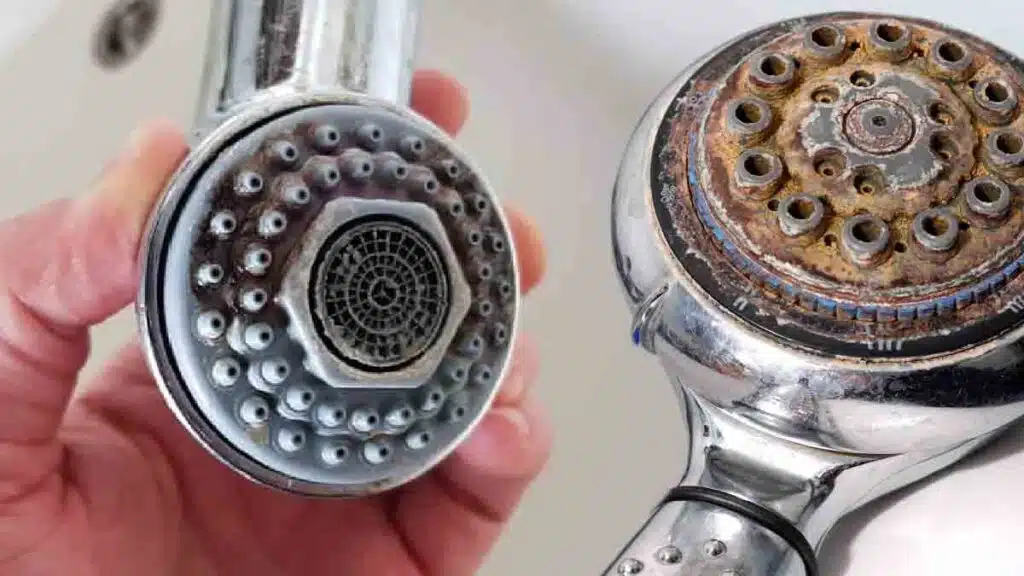 Détails de robinetterie entartrée dans une douche