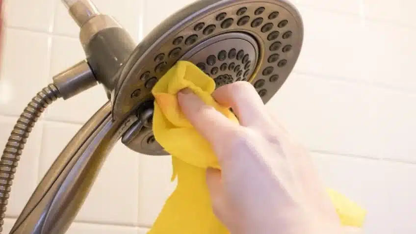 Pommeau de douche trempant dans un sac de vinaigre blanc