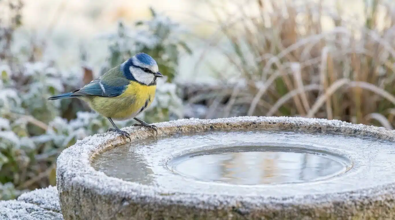 Coupelle d'eau dans un jardin en hiver
