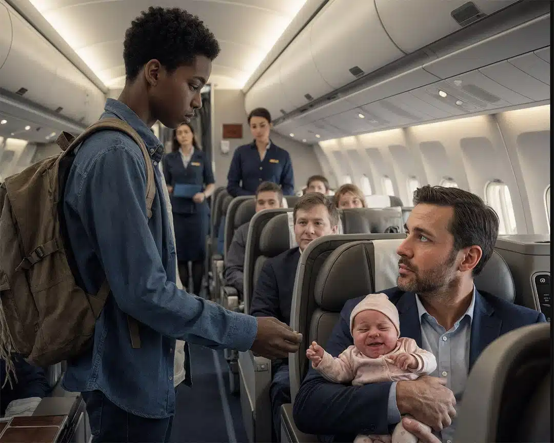 Scène dans l'avion montrant la tension parmi les passagers