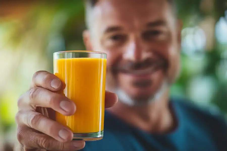 Verre de boisson au curcuma, citron vert et ail
