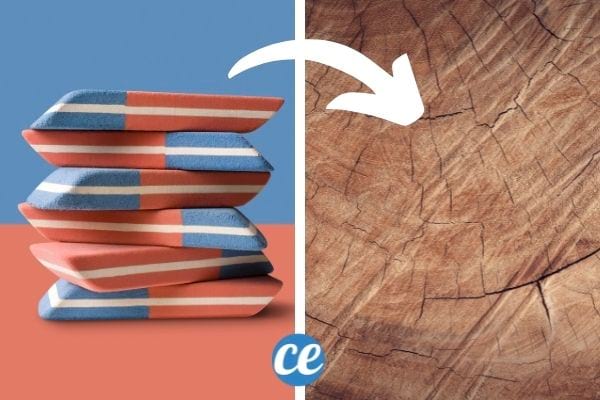 Gomme bleue effaçant un trait sur du bois