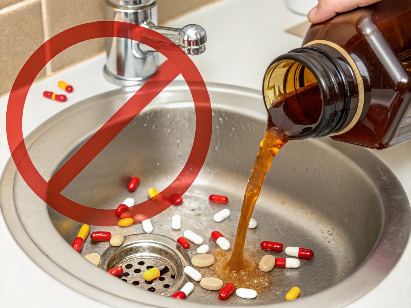 Illustration stylis&eacute;e d'un flacon de sirop et de comprim&eacute;s