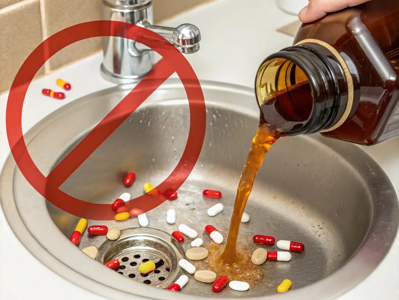 Illustration stylisée d'un flacon de sirop et de comprimés