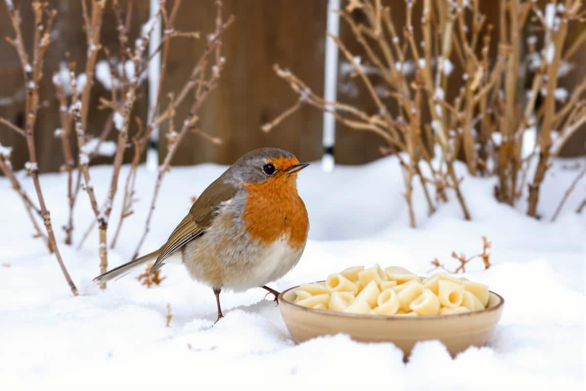 Un rouge-gorge sur une branche enneig&eacute;e, illustrant l'importance d'une aide hivernale