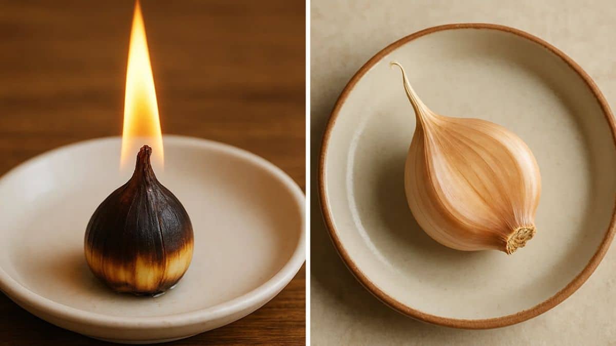 Gousse d'ail brûlée dans une coupelle